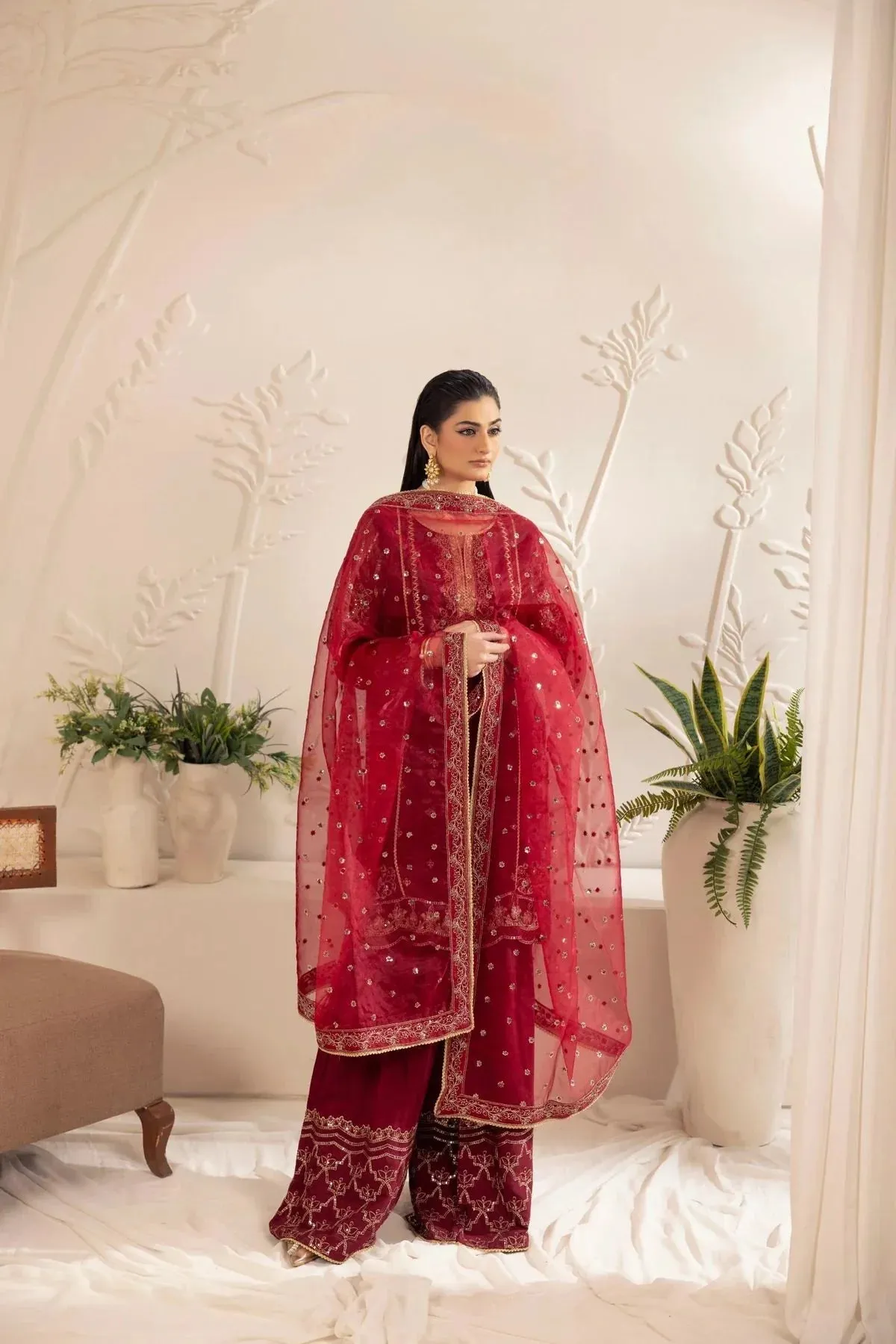 3PC EMBROIDERED CHIFFON LONG DRESS BY MOHAGNI 11