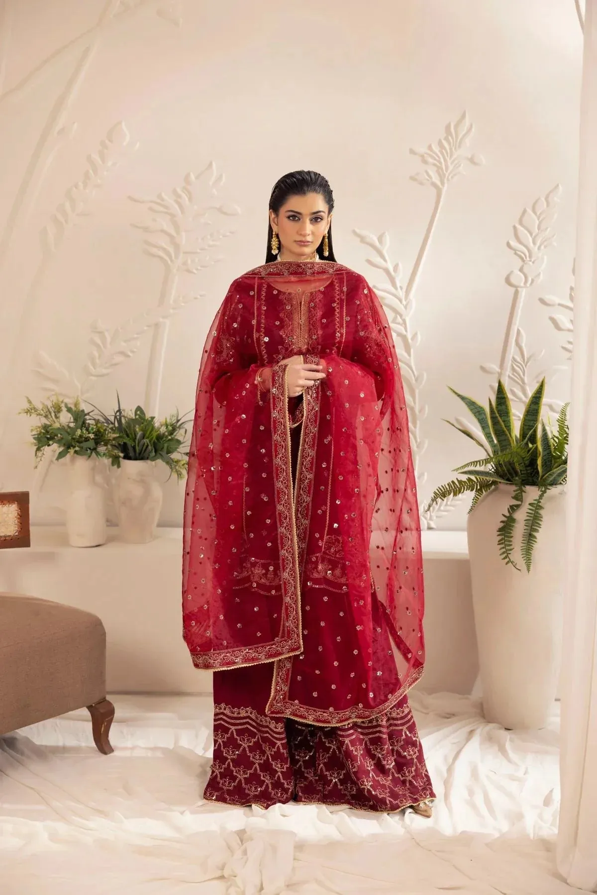 3PC EMBROIDERED CHIFFON LONG DRESS BY MOHAGNI 11