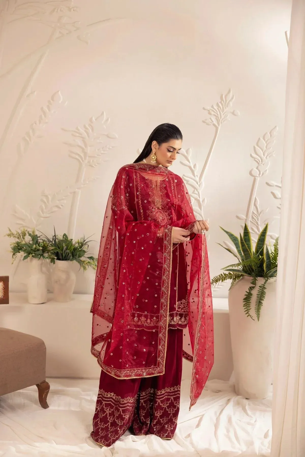 3PC EMBROIDERED CHIFFON LONG DRESS BY MOHAGNI 11