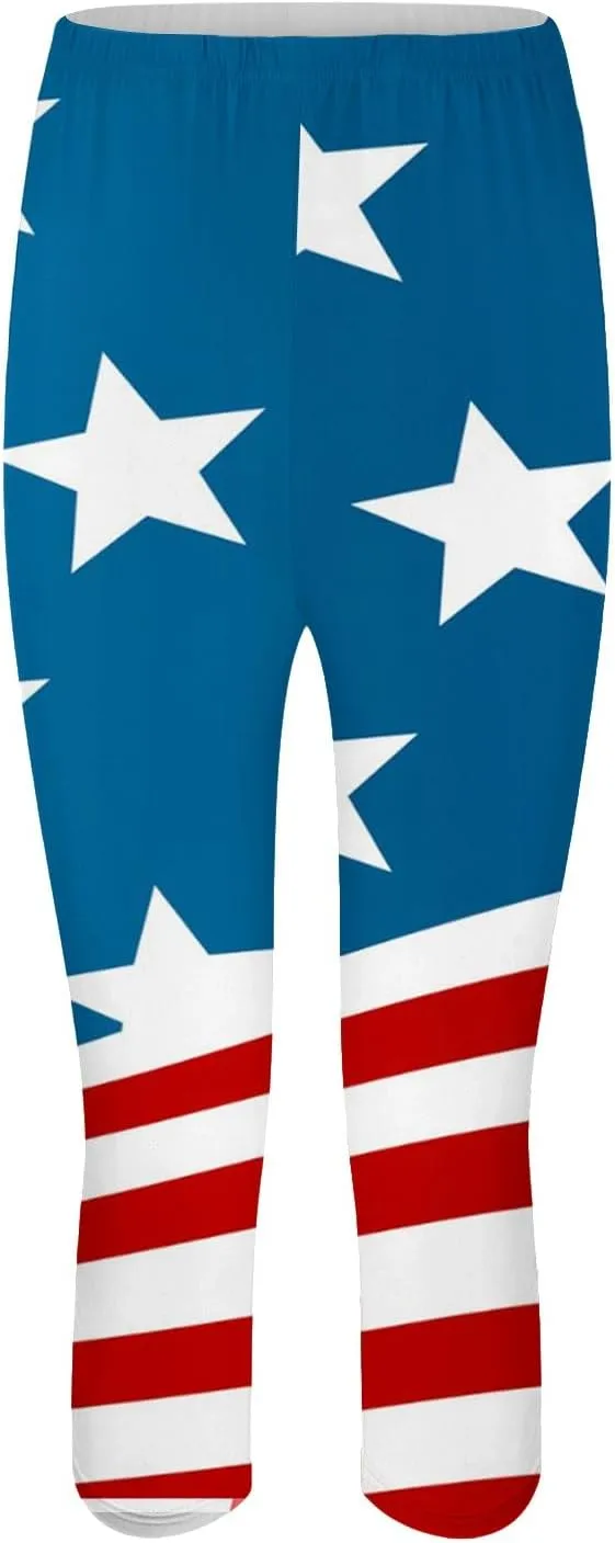 4th of July Capri Leggings for Women Summer High Waist American Flag Yoga Pants Patriotic Cropped Trousers