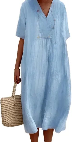 Akivide Women's Summer Cotton Linen Midi Dresses Casual Loose Short Sleeve V Neck Solid Beach Vacation Tshirt Dress