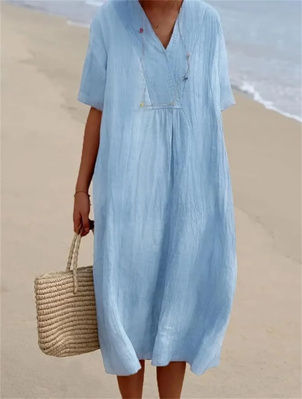 Akivide Women's Summer Cotton Linen Midi Dresses Casual Loose Short Sleeve V Neck Solid Beach Vacation Tshirt Dress