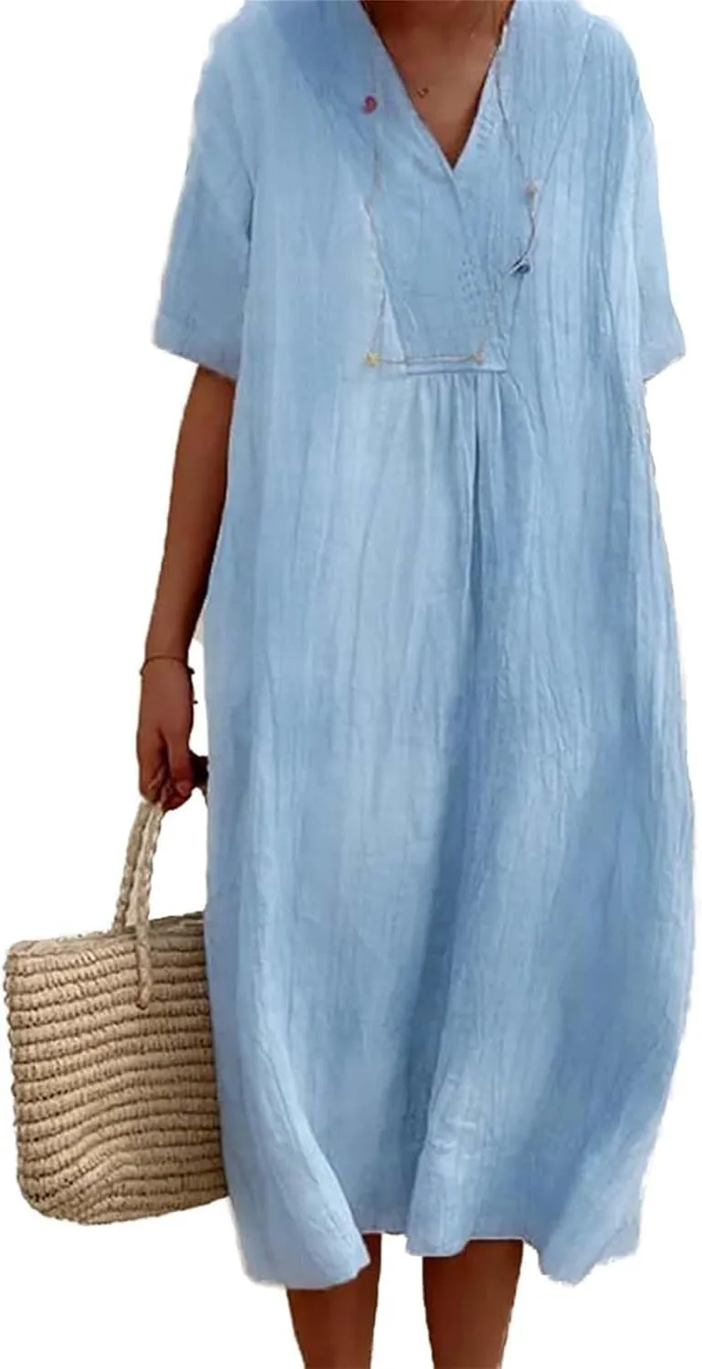 Akivide Women's Summer Cotton Linen Midi Dresses Casual Loose Short Sleeve V Neck Solid Beach Vacation Tshirt Dress