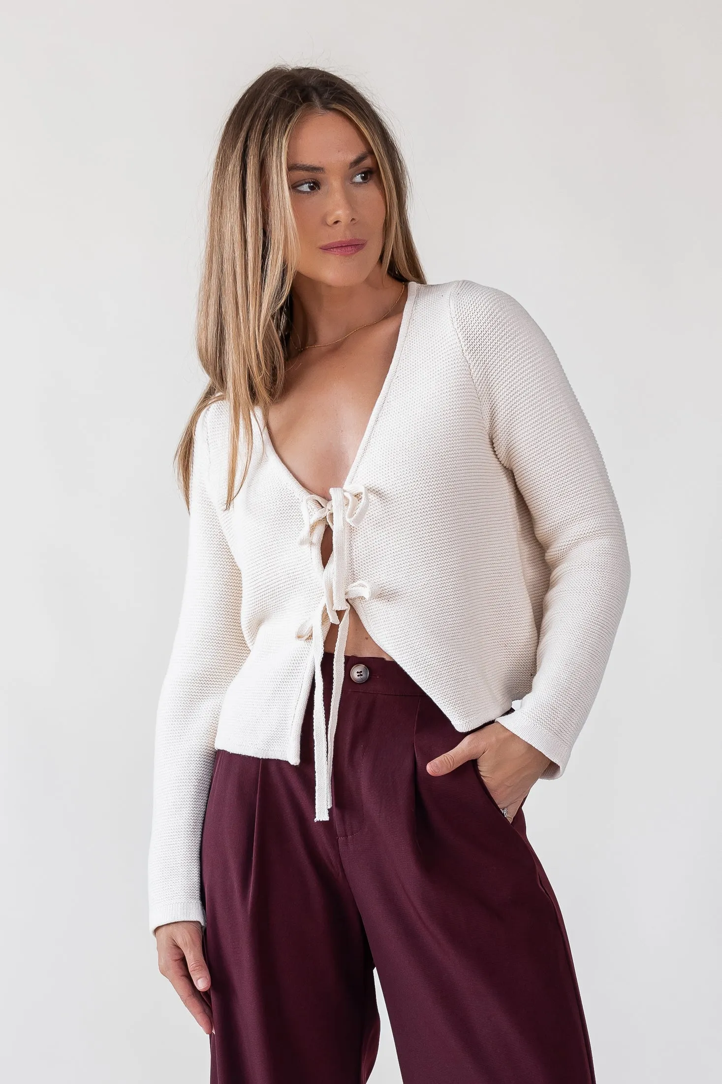 Colby Beige Tie Front Cardigan
