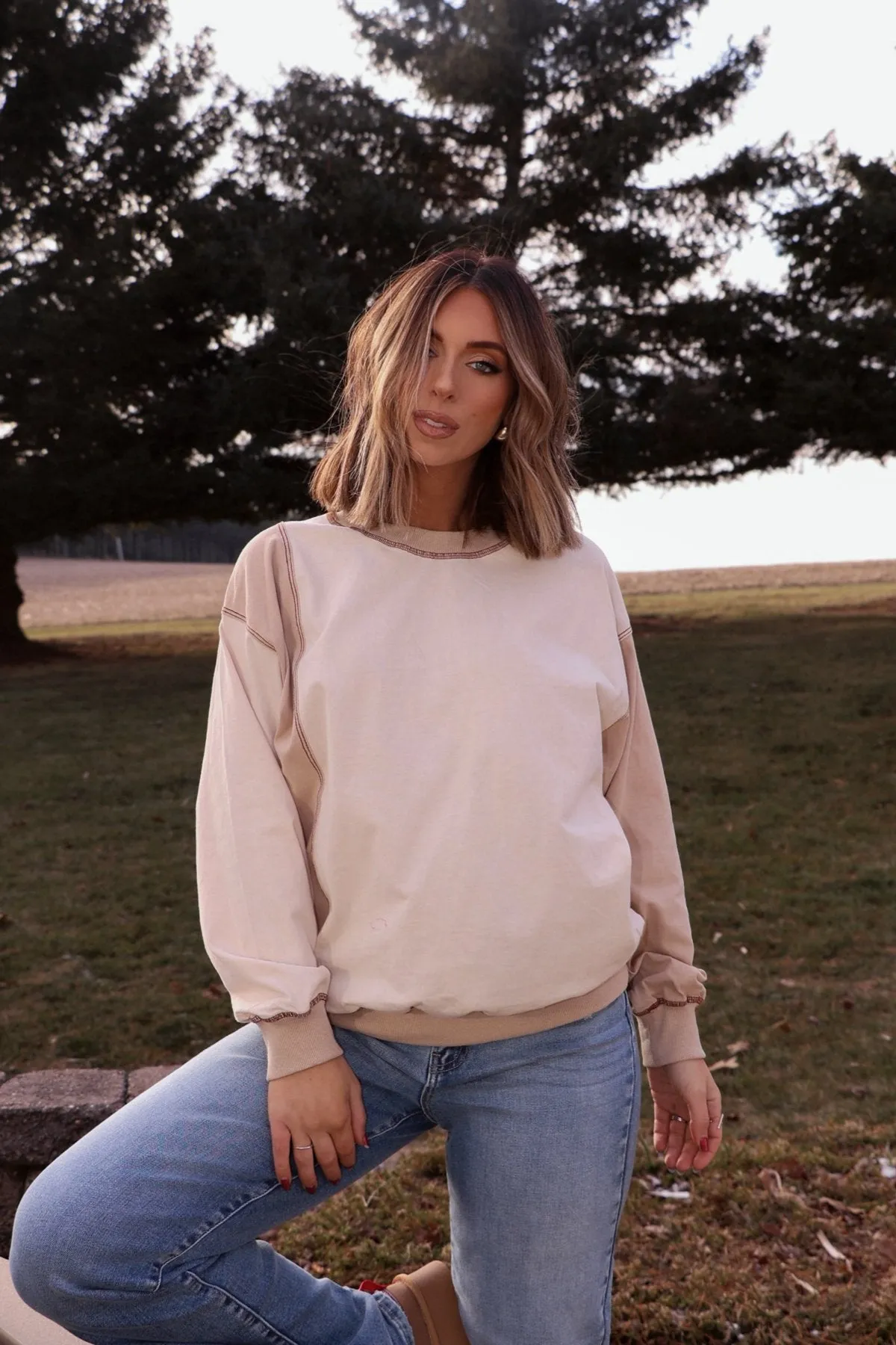 Cream Color Block Stitch Detail Sweatshirt