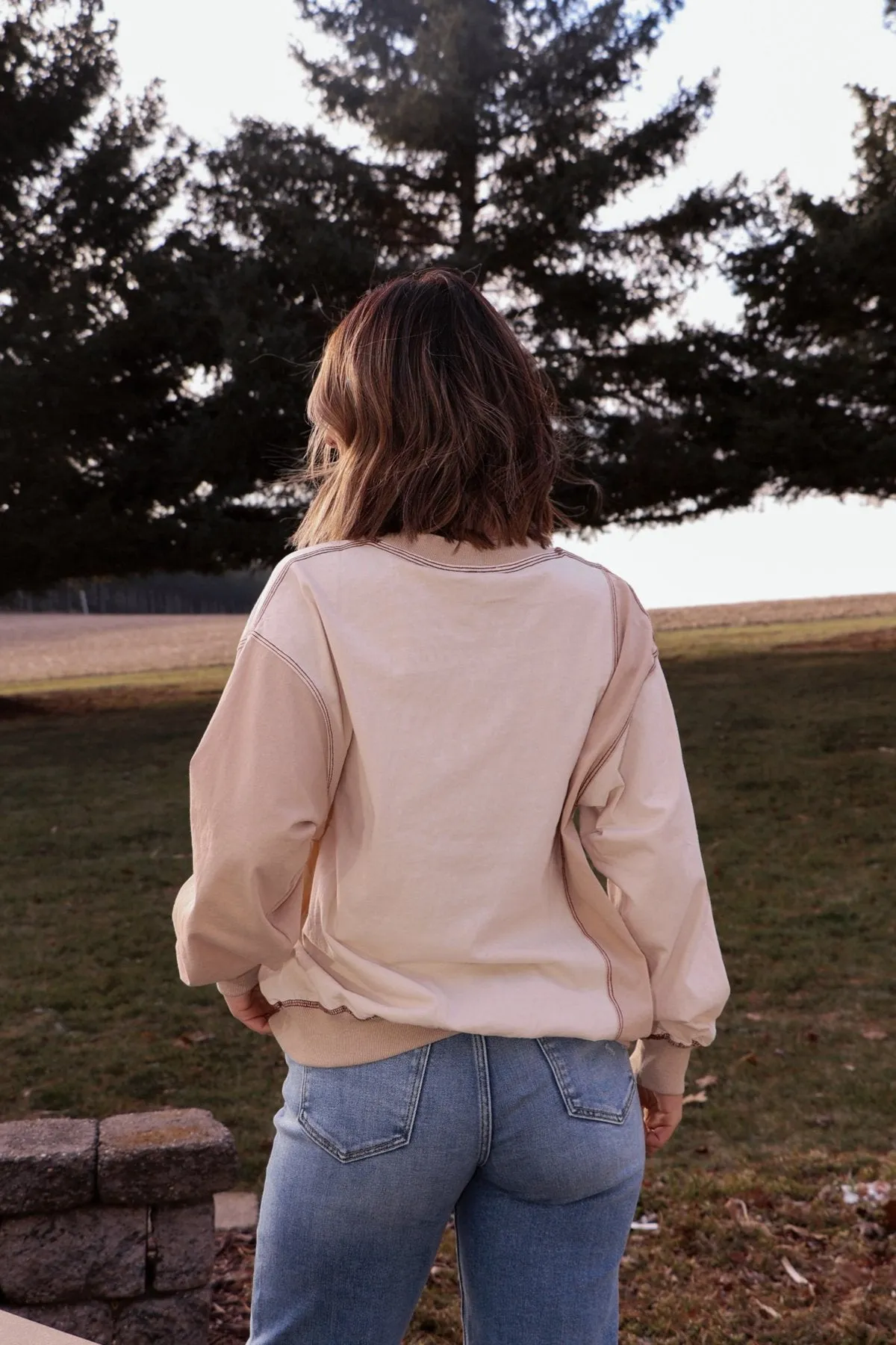 Cream Color Block Stitch Detail Sweatshirt