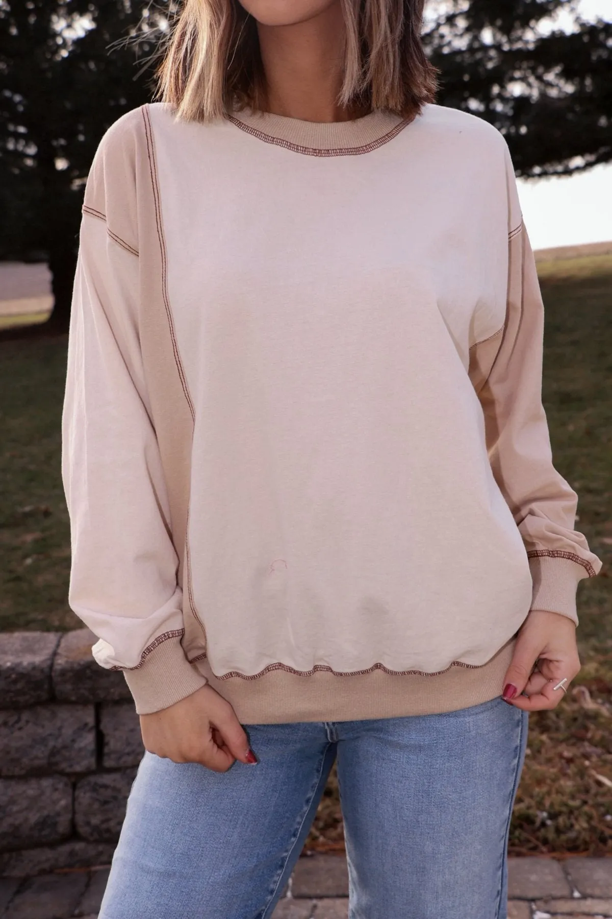 Cream Color Block Stitch Detail Sweatshirt