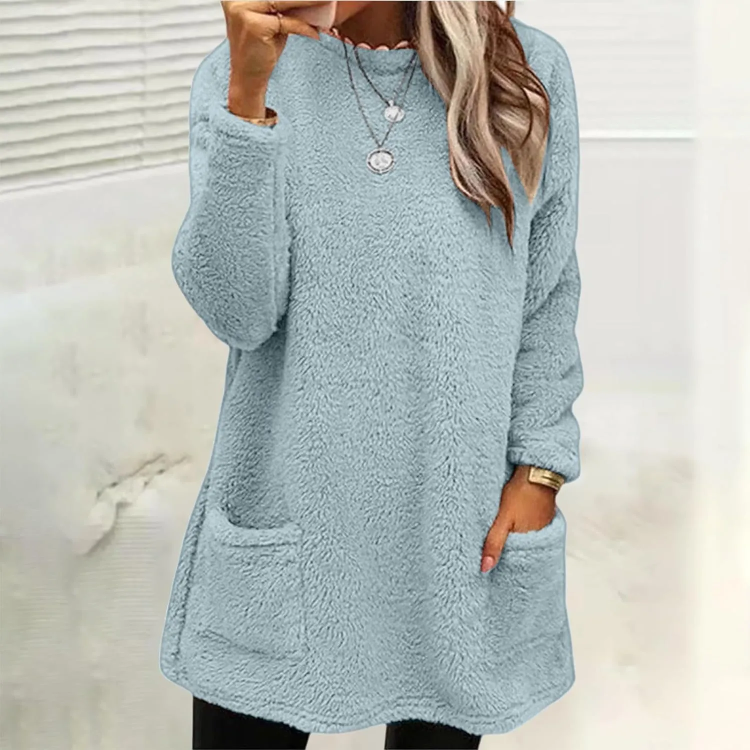 Fall Sweaters for Women 2024 Long Fuzzy Fleece Pullover Trendy Casual Crewneck Sweatshirt Shaggy Coat with Pockets
