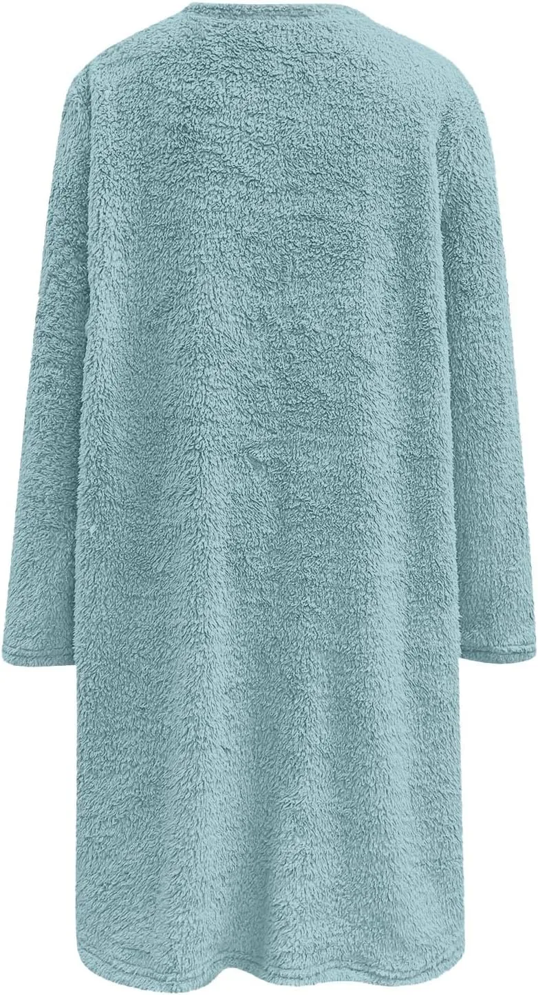 Fall Sweaters for Women 2024 Long Fuzzy Fleece Pullover Trendy Casual Crewneck Sweatshirt Shaggy Coat with Pockets