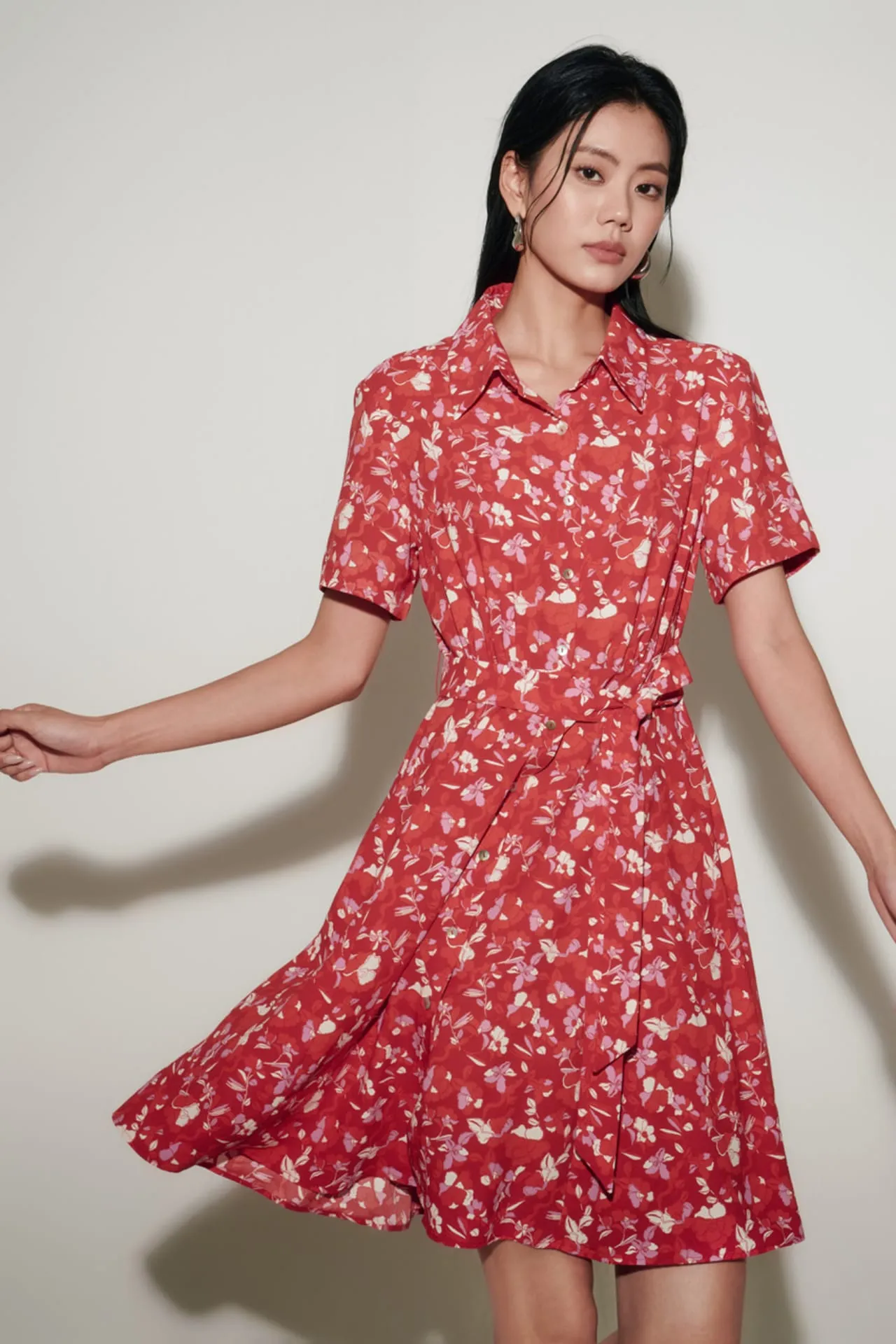 Floral Print Fit & Flare Shirt Collar Dress