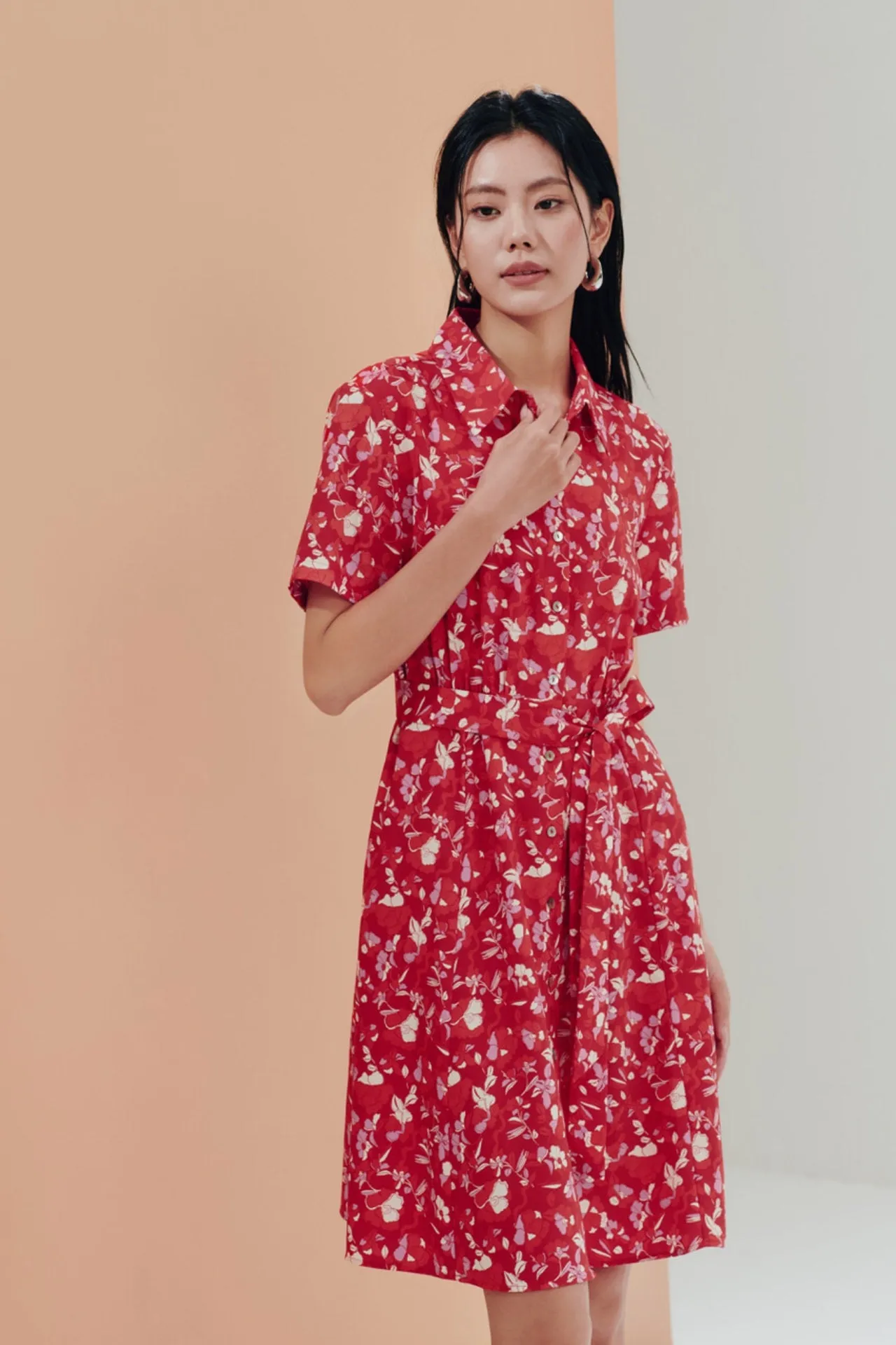 Floral Print Fit & Flare Shirt Collar Dress