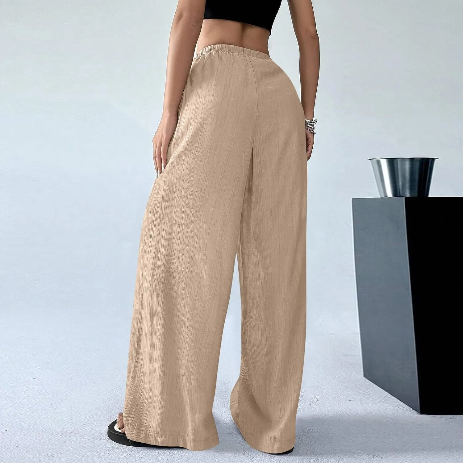 GOFULY Wide Leg Pants for Women Linen Beach Western Summer Drawstring Elastic Waist Pants High Waist Pockets Solid Outfits