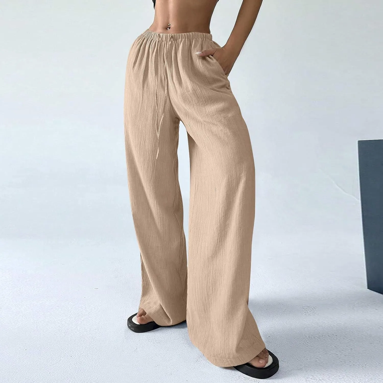 GOFULY Wide Leg Pants for Women Linen Beach Western Summer Drawstring Elastic Waist Pants High Waist Pockets Solid Outfits