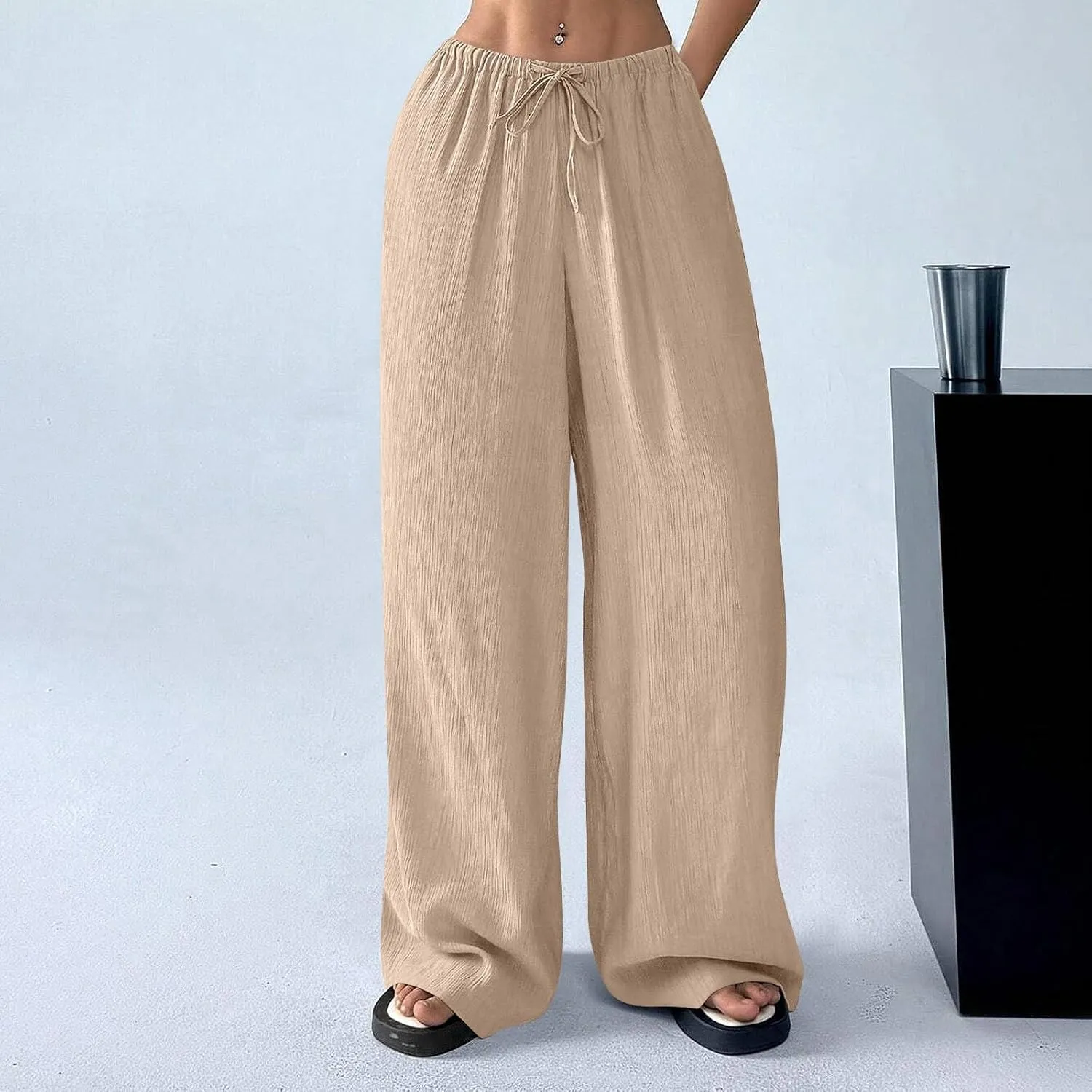 GOFULY Wide Leg Pants for Women Linen Beach Western Summer Drawstring Elastic Waist Pants High Waist Pockets Solid Outfits