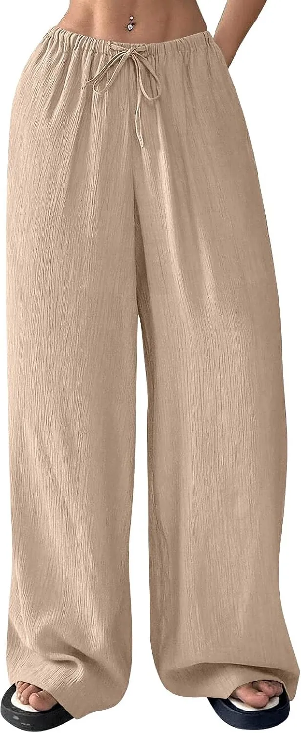 GOFULY Wide Leg Pants for Women Linen Beach Western Summer Drawstring Elastic Waist Pants High Waist Pockets Solid Outfits