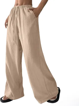 GOFULY Wide Leg Pants for Women Linen Beach Western Summer Drawstring Elastic Waist Pants High Waist Pockets Solid Outfits