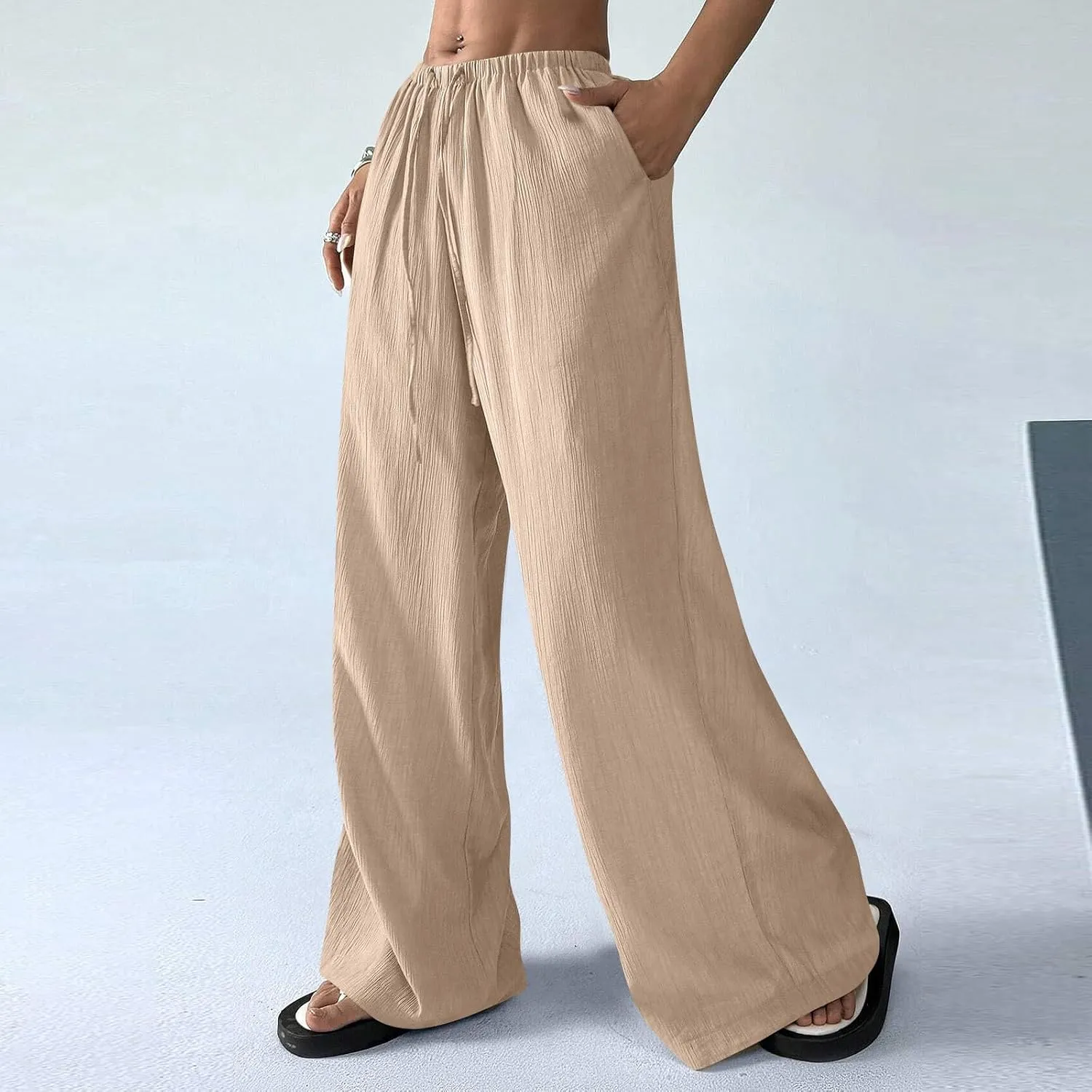 GOFULY Wide Leg Pants for Women Linen Beach Western Summer Drawstring Elastic Waist Pants High Waist Pockets Solid Outfits
