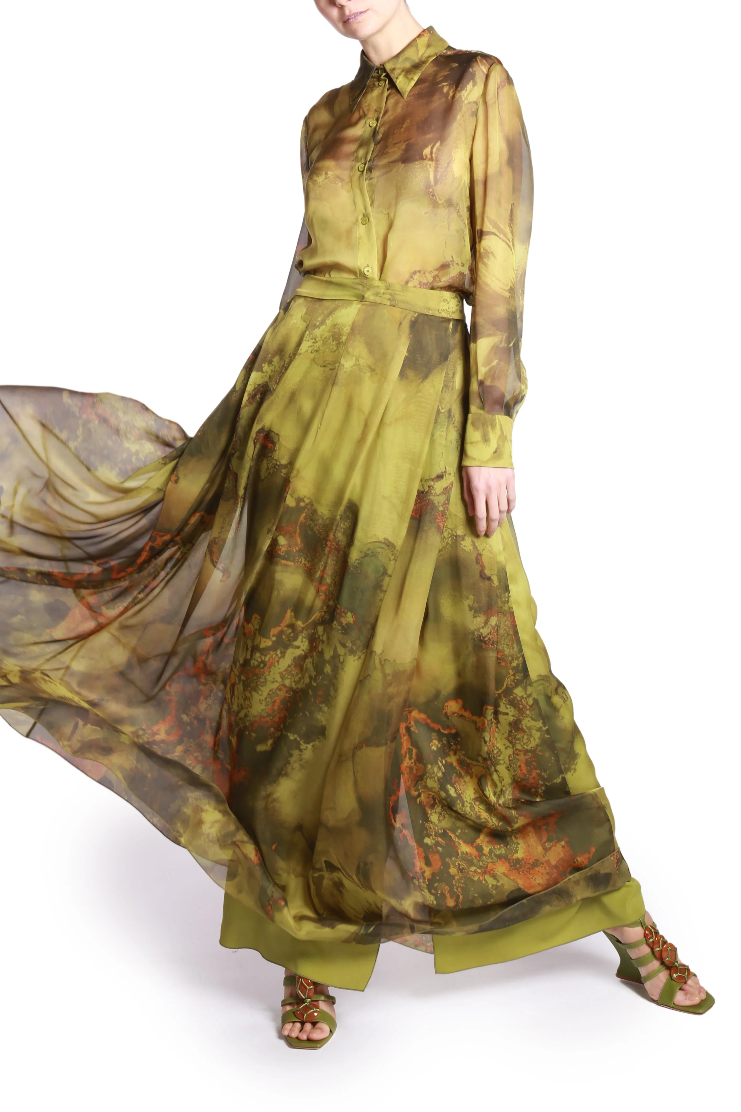 Green Chiffon Shirt With Flower Bomb Print