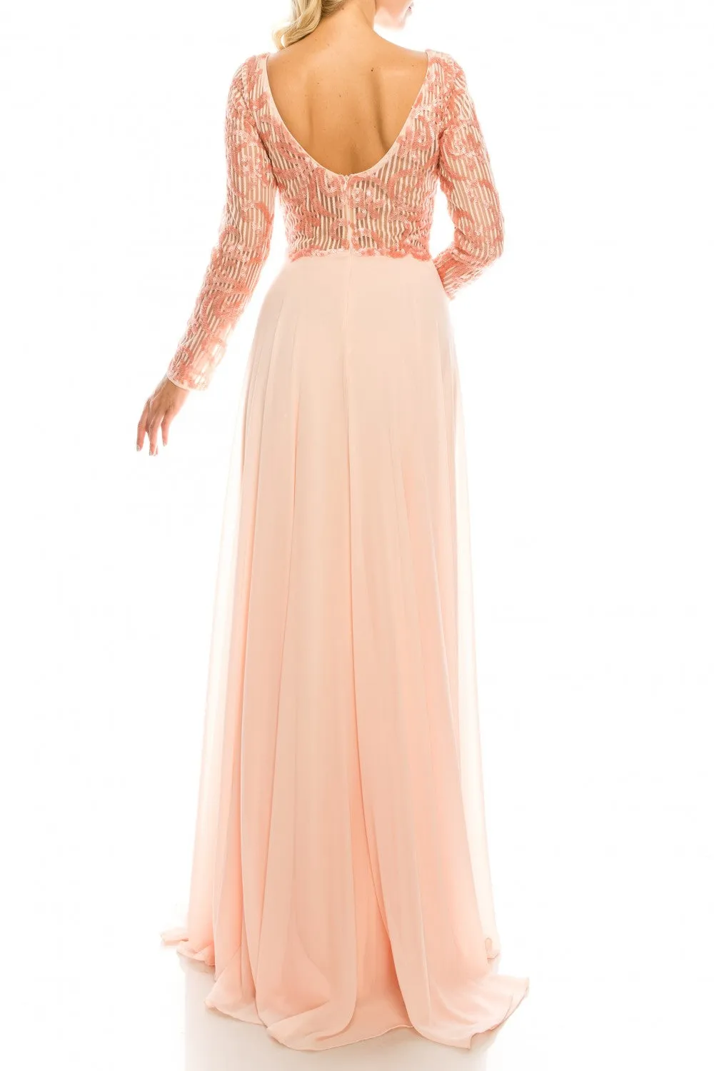 Odrella 1147 Blush Sequined Mesh & Crepe Chiffon Long Evening Gown