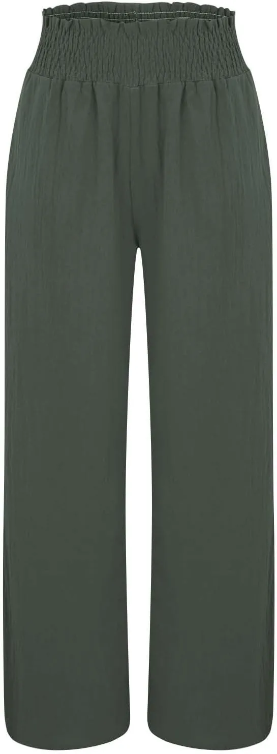 Palazzo Linen Pants Women 2024 High Waisted Wide Leg Boho Trousers Casual Drawstring Loose Workout Pants with Pockets