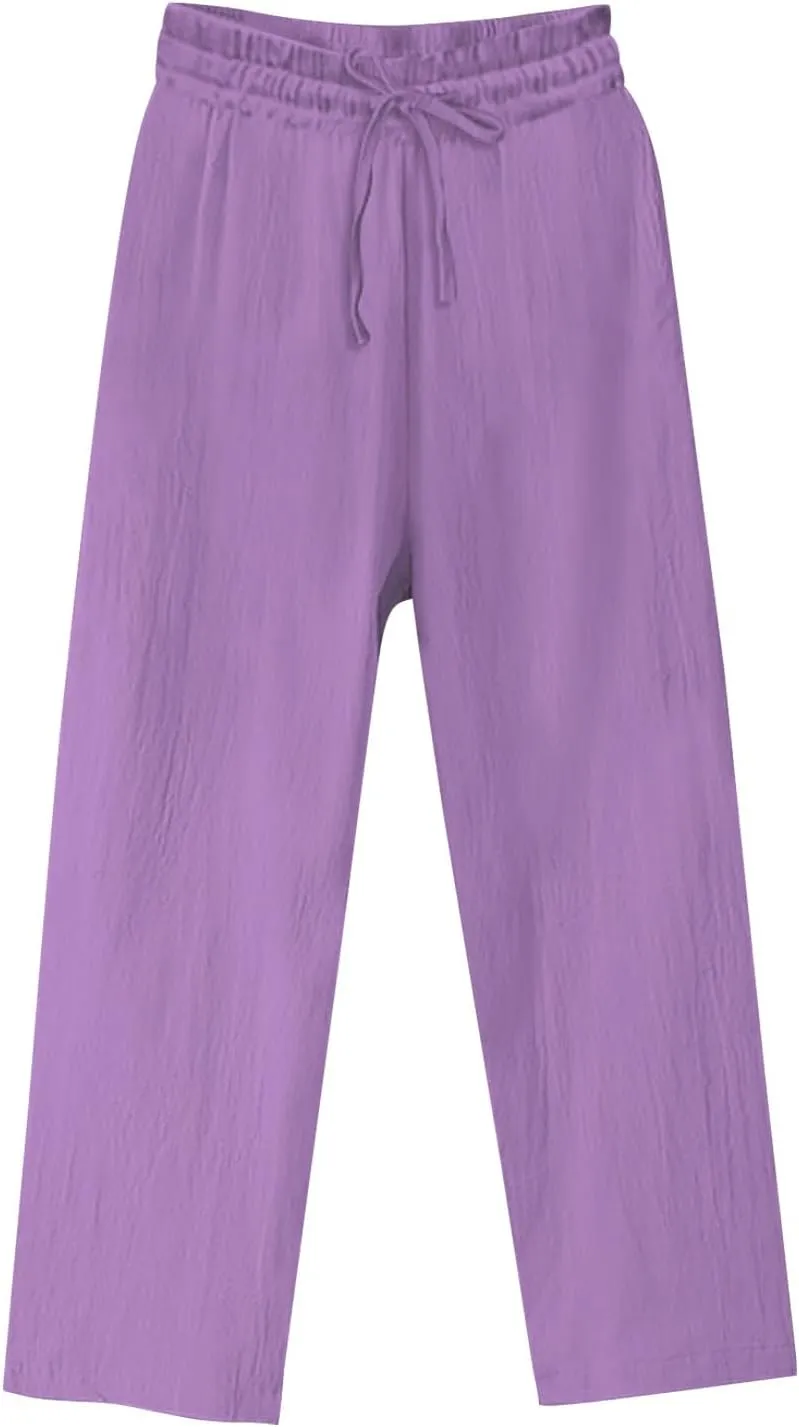 Plus Size Wide Leg Linen Pants Women Summer Capri Palazzo Flowy Pants Casual Loose Solid Color High Waist Trousers