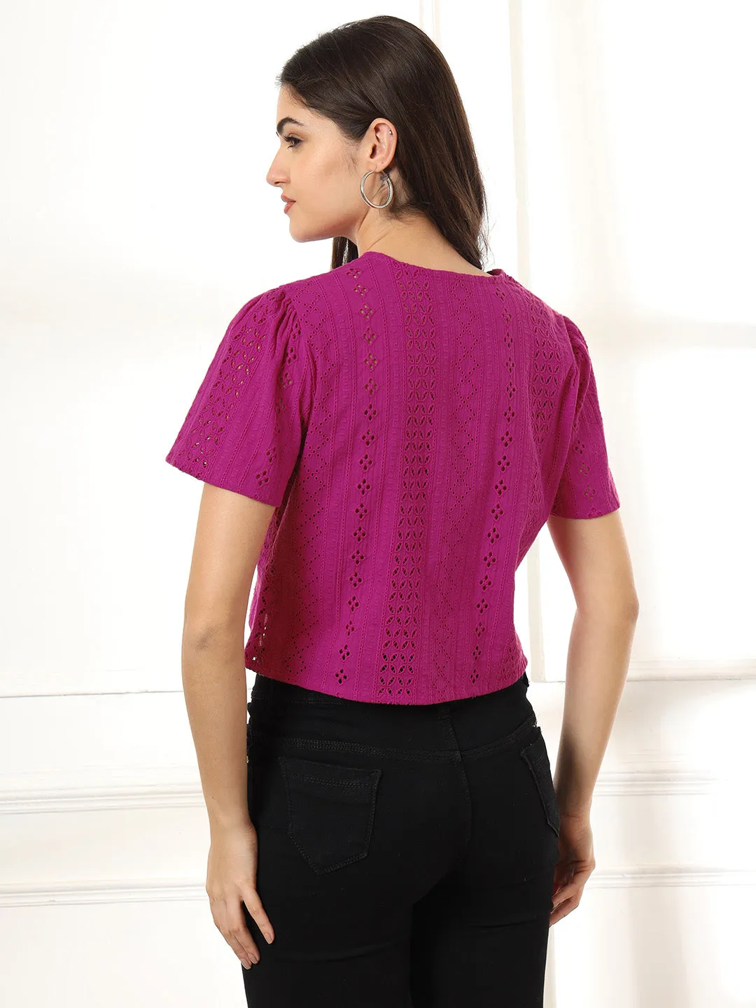 Schiffli Crop Shirt Style Top