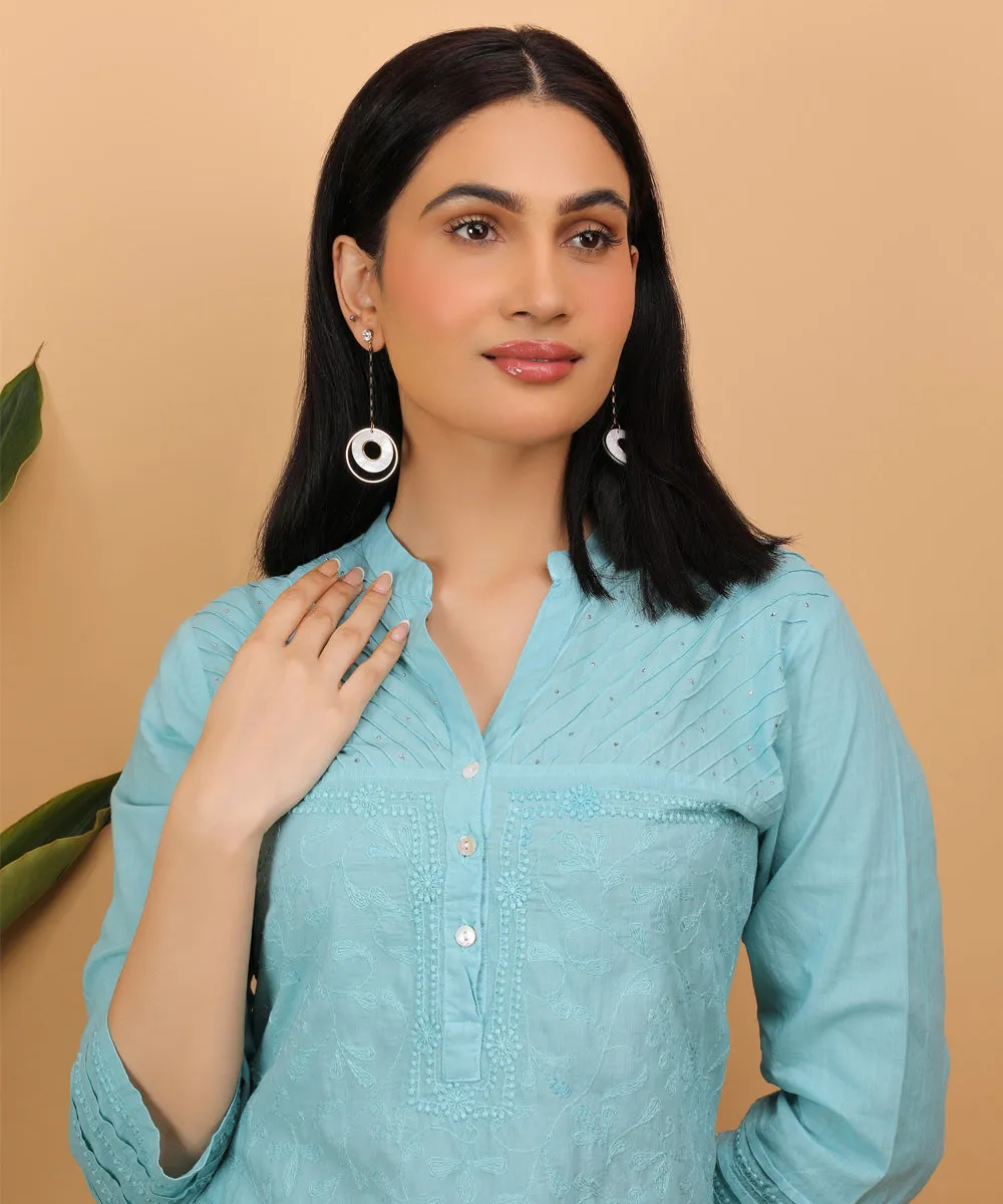 Sky blue hand embroidered chikankari cotton kurta