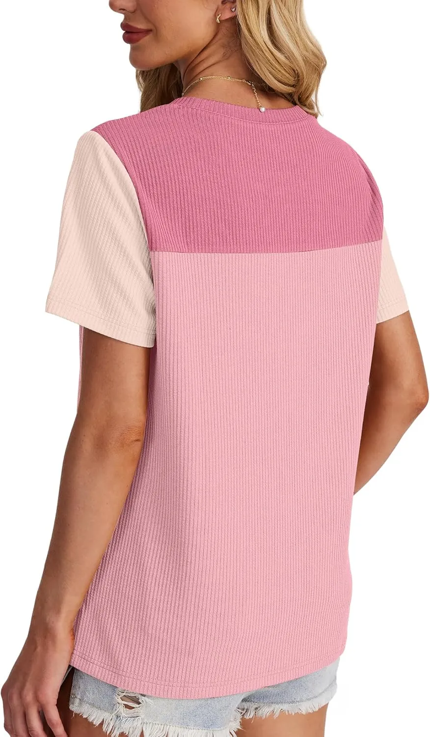 WIHOLL Womens Fashion 2025 Color Block Shirts Short Sleeve Crewneck Knitted Spring Summer Tops Casual Trendy