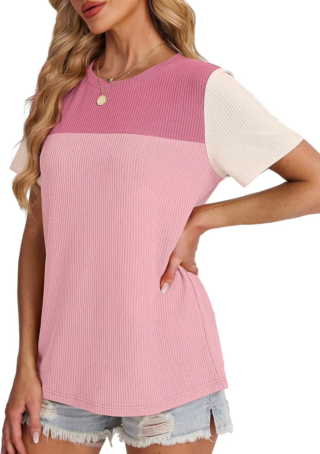 WIHOLL Womens Fashion 2025 Color Block Shirts Short Sleeve Crewneck Knitted Spring Summer Tops Casual Trendy