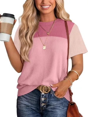 WIHOLL Womens Fashion 2025 Color Block Shirts Short Sleeve Crewneck Knitted Spring Summer Tops Casual Trendy