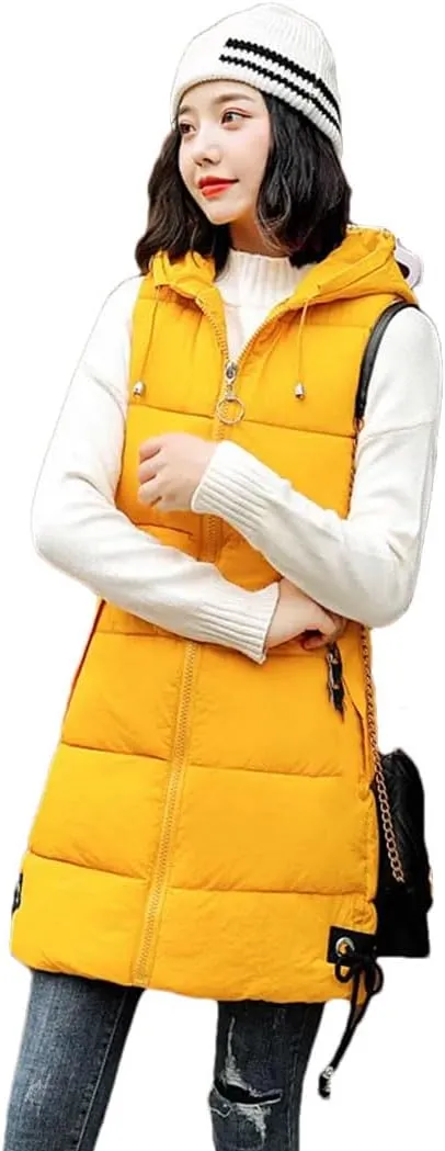 Women Down Cotton Vest Jacket Long Hooded Cotton-Padded Coat Female Waistcoat Padded Puffer Parkas