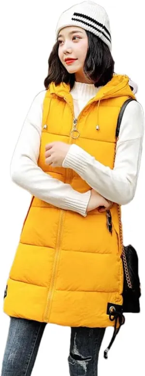 Women Down Cotton Vest Jacket Long Hooded Cotton-Padded Coat Female Waistcoat Padded Puffer Parkas