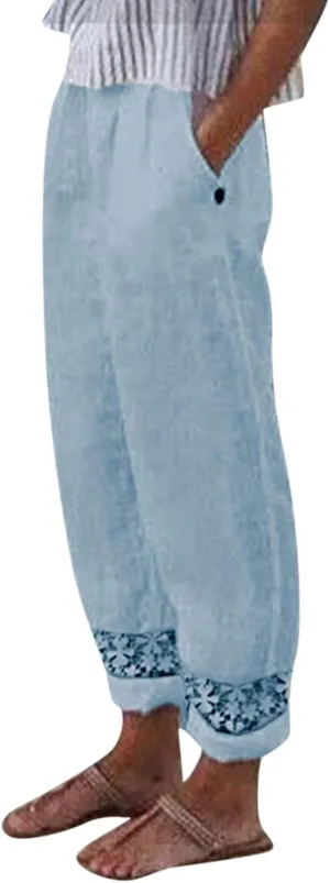 Womens Linen Pants with Pockets High Waist Straight Leg Drawstring Tie Dye Pants Casua Lightweight Loose Trousers