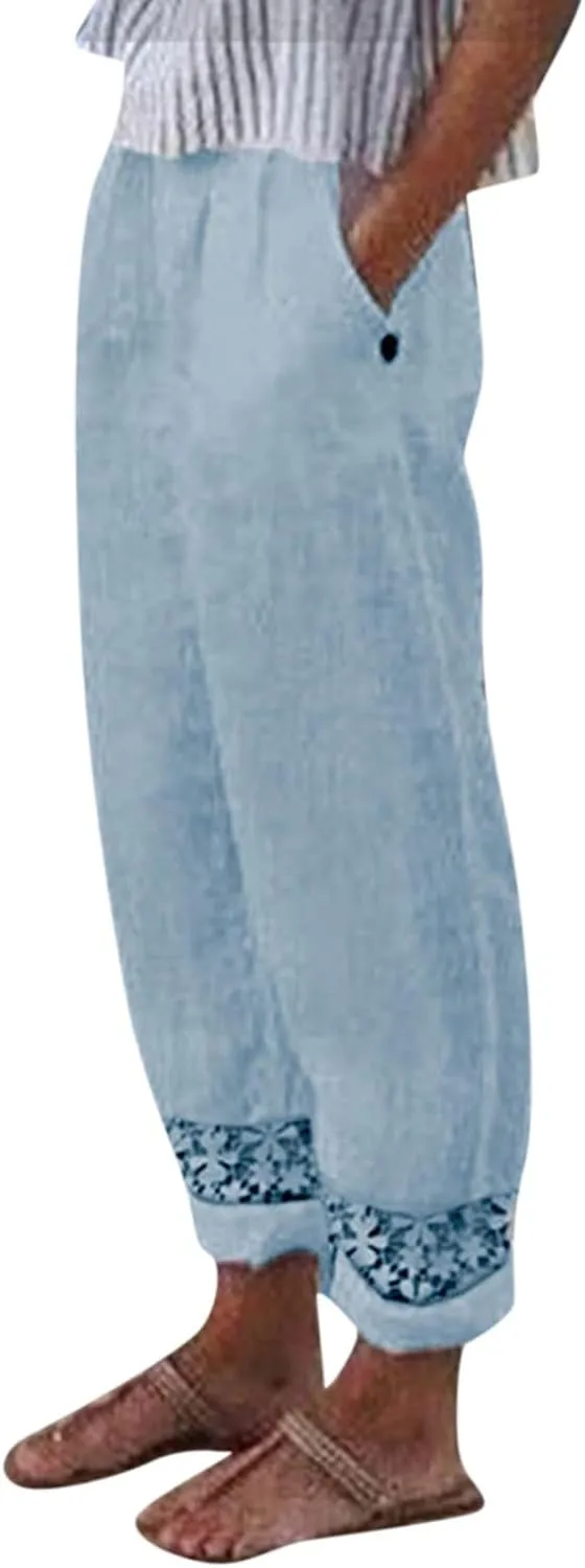 Womens Linen Pants with Pockets High Waist Straight Leg Drawstring Tie Dye Pants Casua Lightweight Loose Trousers