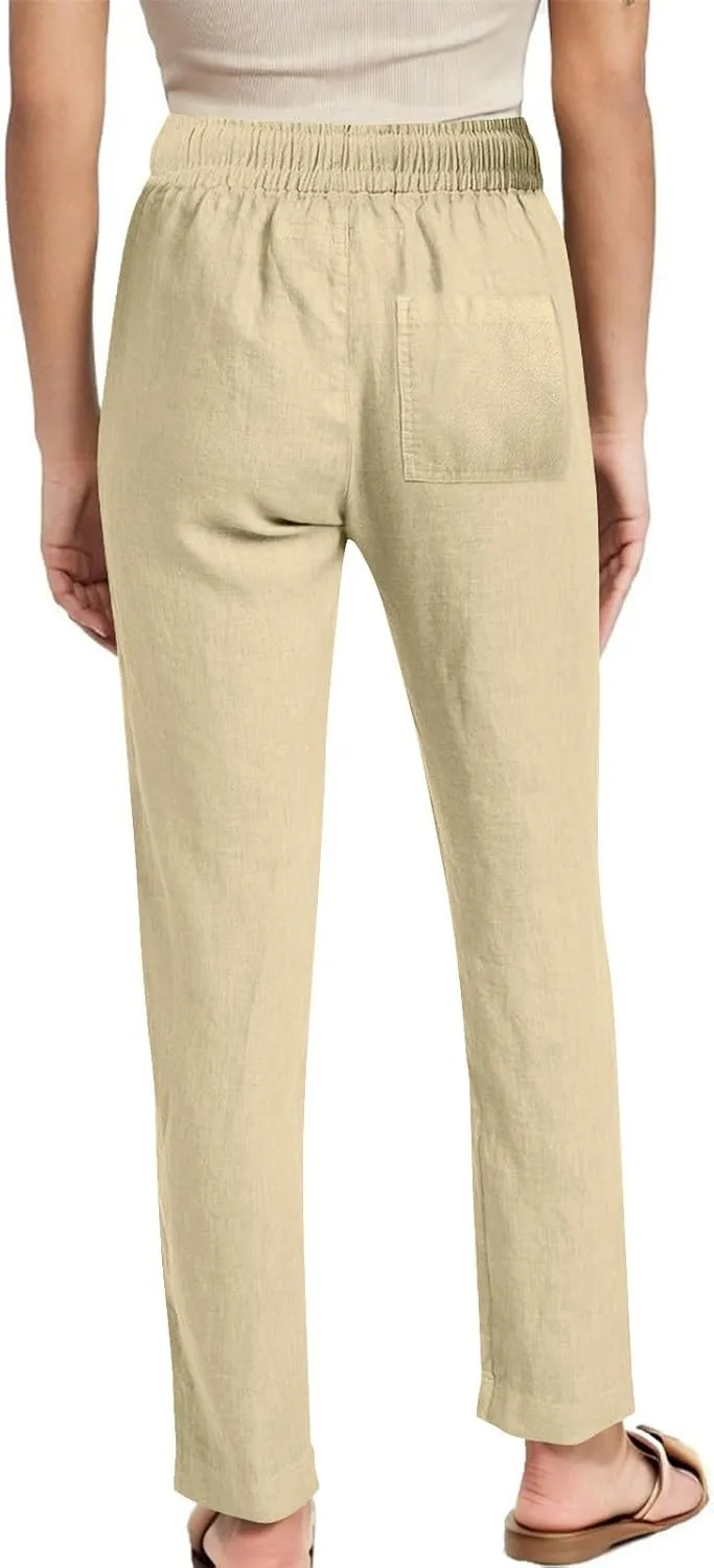 Women's Linen Summer Pants Comfy Travel Pants High Waisted Trendy Work Pants Straight Leg Casual Pants with Pockets