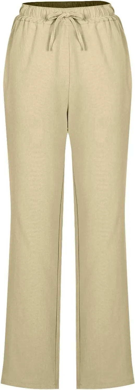Women's Linen Summer Pants Comfy Travel Pants High Waisted Trendy Work Pants Straight Leg Casual Pants with Pockets