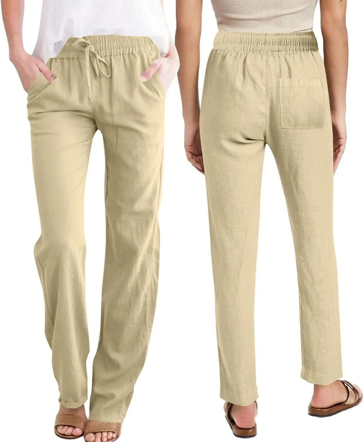 Women's Linen Summer Pants Comfy Travel Pants High Waisted Trendy Work Pants Straight Leg Casual Pants with Pockets