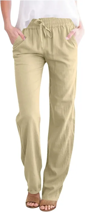 Women's Linen Summer Pants Comfy Travel Pants High Waisted Trendy Work Pants Straight Leg Casual Pants with Pockets