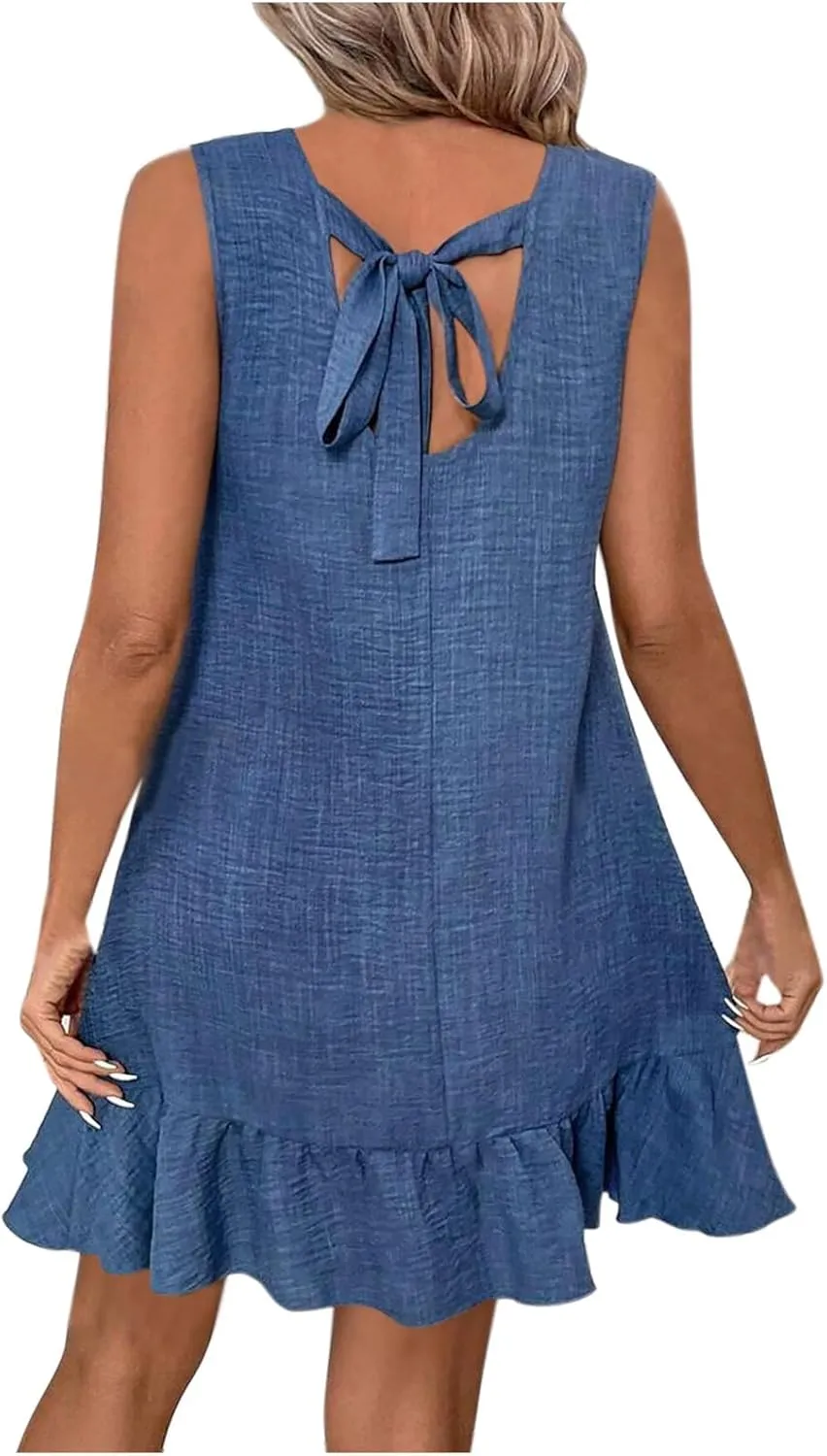 Womens Summer Casual Beach Sundress Crew Neck Sleeveless Tank Dresses 2025 Fashion Ruffle Mini Dress