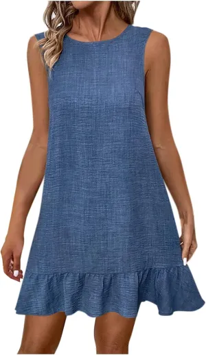 Womens Summer Casual Beach Sundress Crew Neck Sleeveless Tank Dresses 2025 Fashion Ruffle Mini Dress