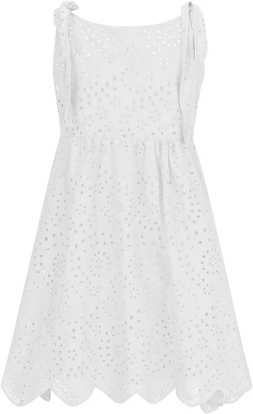 Womens Summer Casual Sleeveless V-Neck Tie Mini Dress Ruffle Pleated High Waist Tunic Dress Trendy Hollow Out Dress