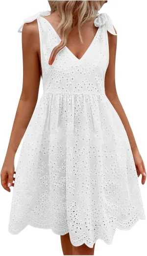 Womens Summer Casual Sleeveless V-Neck Tie Mini Dress Ruffle Pleated High Waist Tunic Dress Trendy Hollow Out Dress