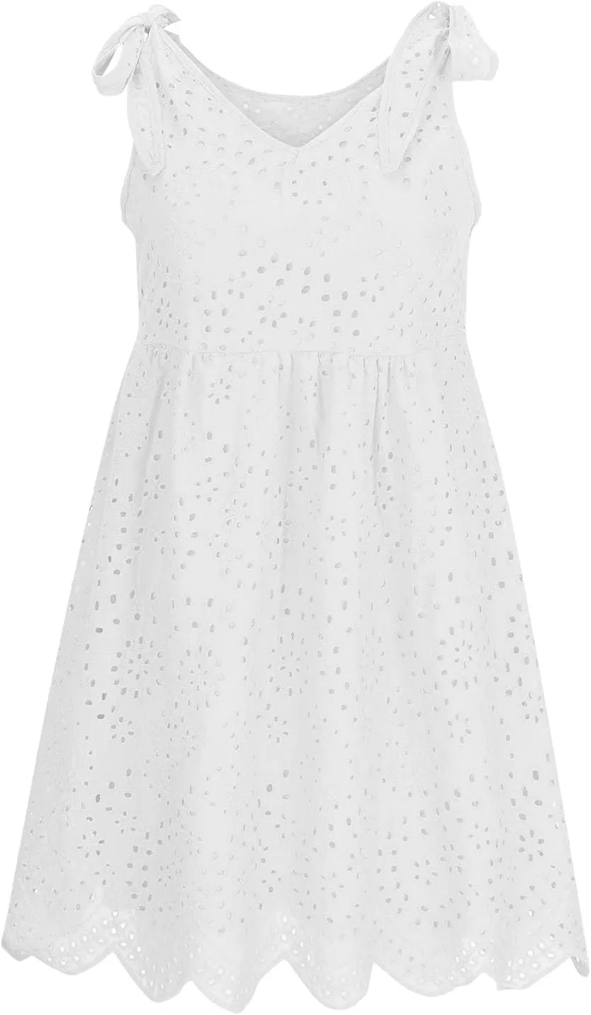 Womens Summer Casual Sleeveless V-Neck Tie Mini Dress Ruffle Pleated High Waist Tunic Dress Trendy Hollow Out Dress