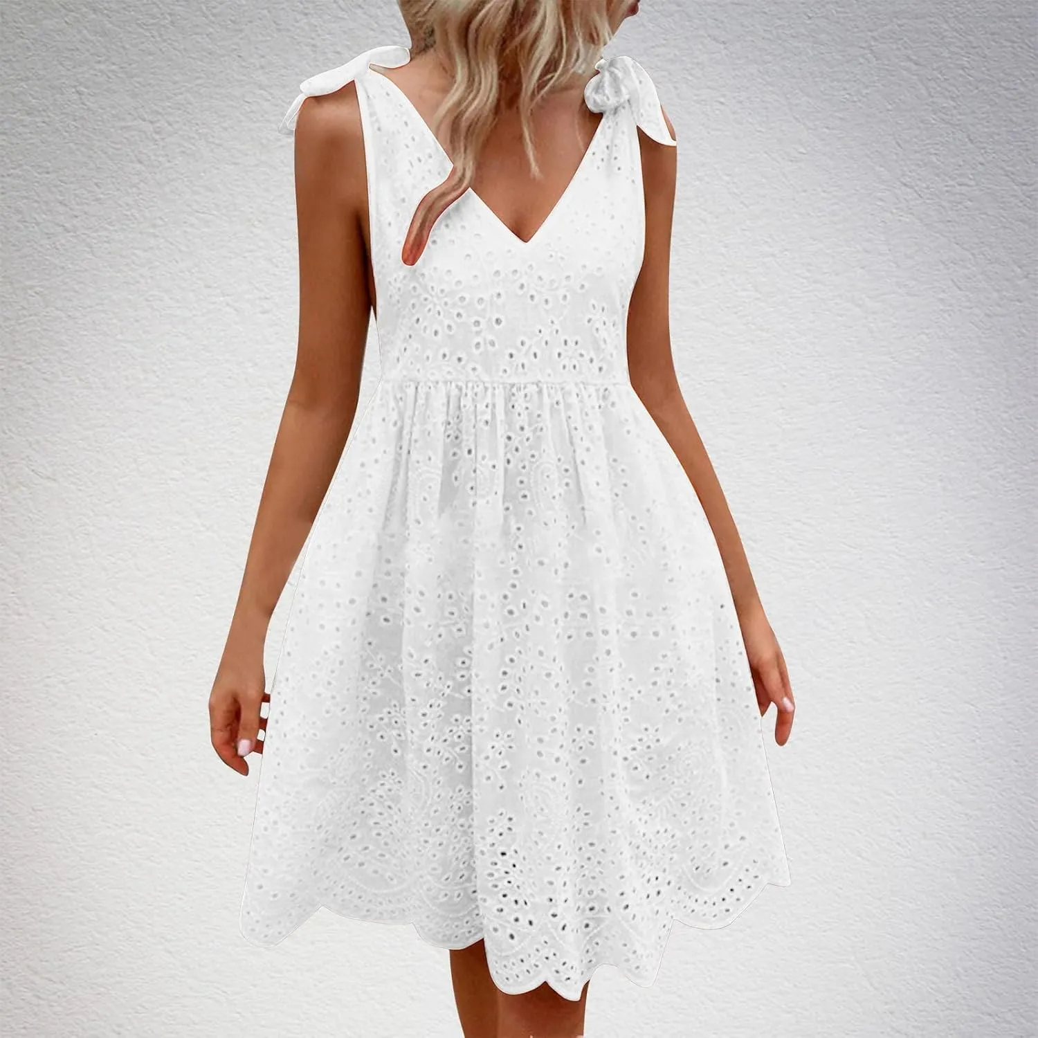Womens Summer Casual Sleeveless V-Neck Tie Mini Dress Ruffle Pleated High Waist Tunic Dress Trendy Hollow Out Dress